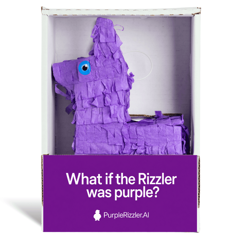 Purple piñata from PurpleRizzler.AI asking what if the Rizzler was purple
