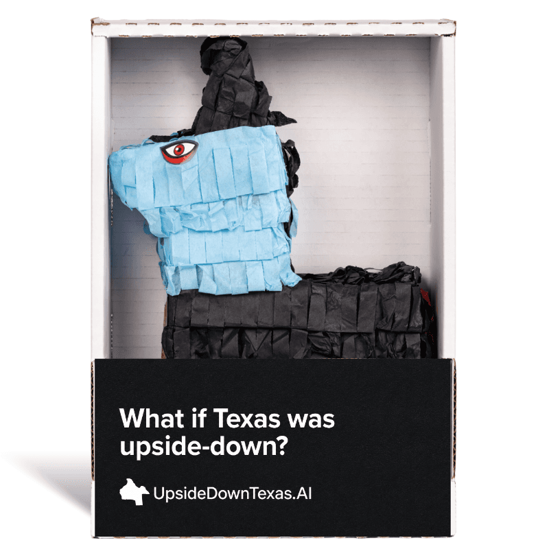 Black and blue piñata from UpsideDownTexas.AI asking what if Texas was upside-down