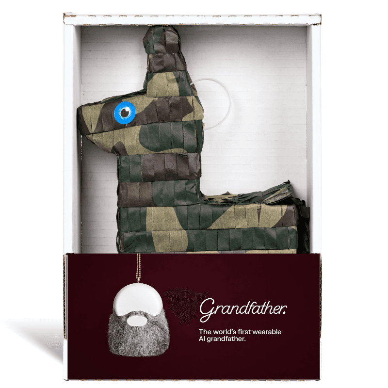 Camo piñata announcing Grandfather, the world's first wearable AI grandfather