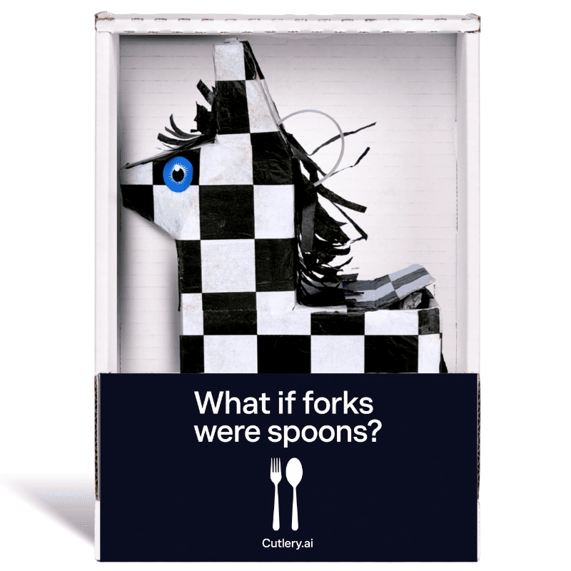 Checkered piñata from Cutlery.ai asking what if forks were spoons